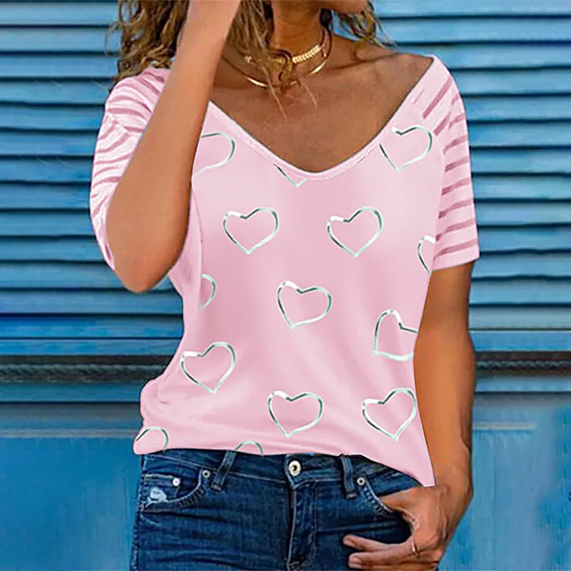 Tee-shirt rose motifs coeurs argent